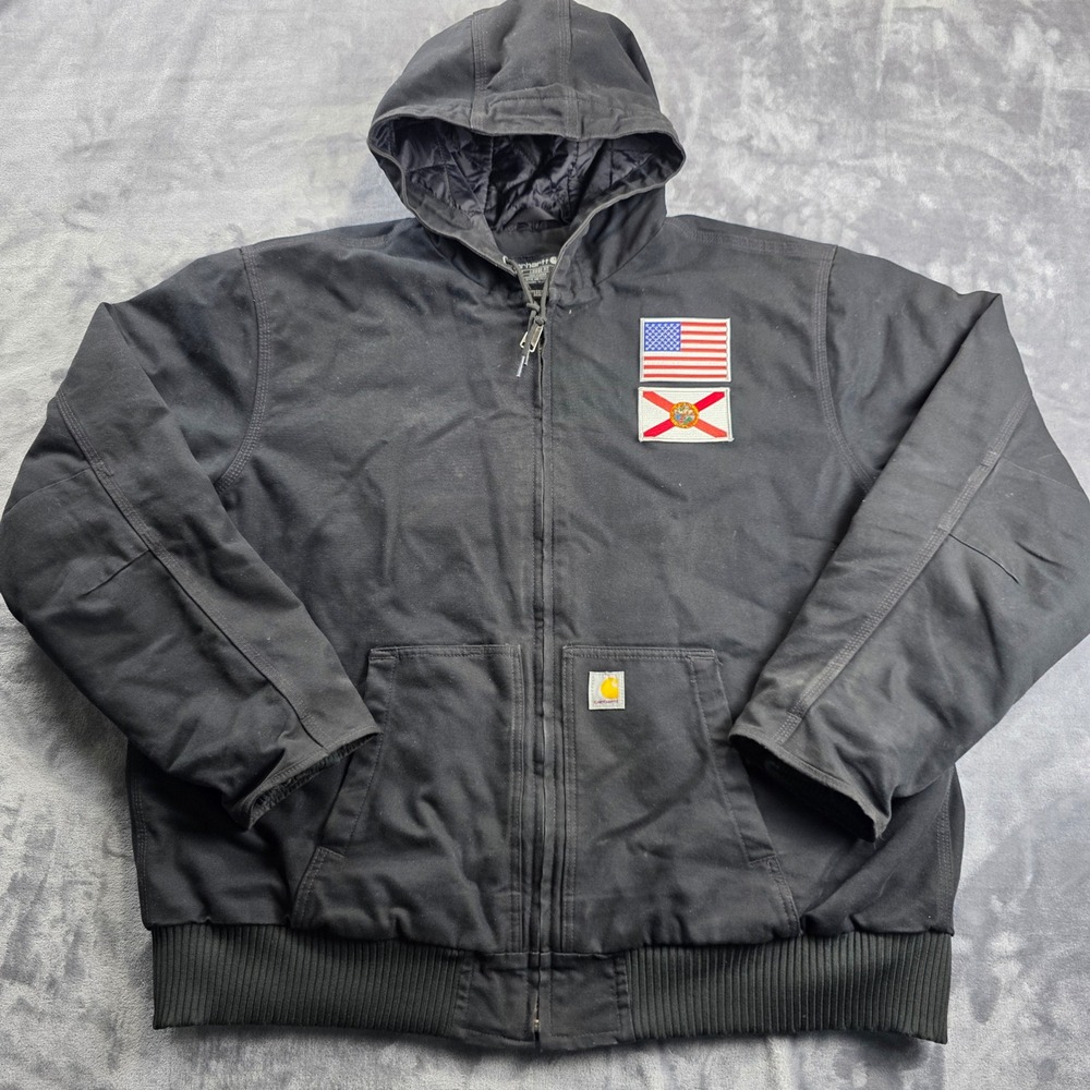 Carhartt J130 Active Jacket Mens 2XL Black Loose‎ Quilted Hood Florida USA Patch